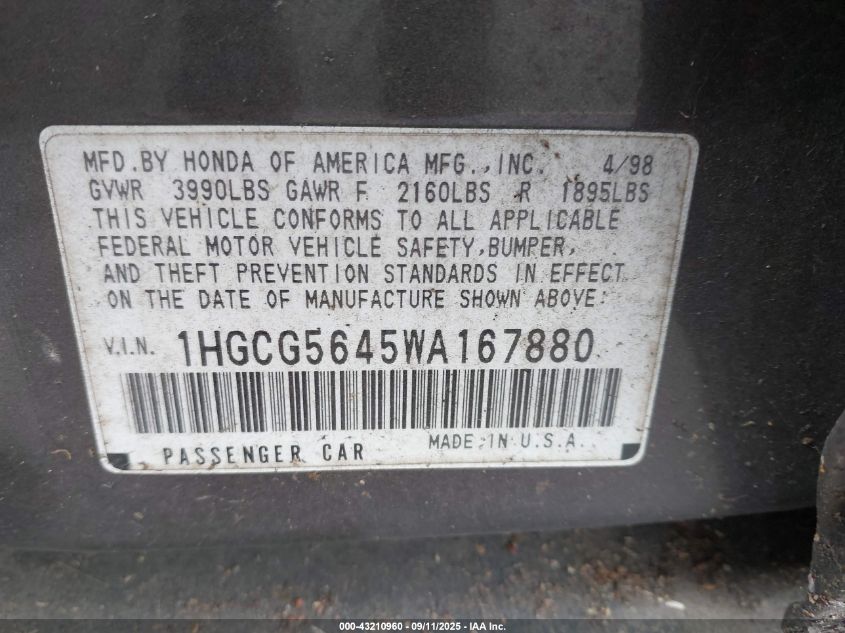 1998 Honda Accord Lx VIN: 1HGCG5645WA167880 Lot: 43210960