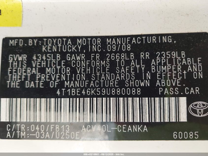 2009 Toyota Camry Le VIN: 4T1BE46K59U880088 Lot: 43210981