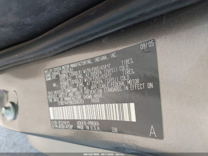 2006 Toyota Tundra Sr5 V8 VIN: 5TBDT44196S506203 Lot: 43210990