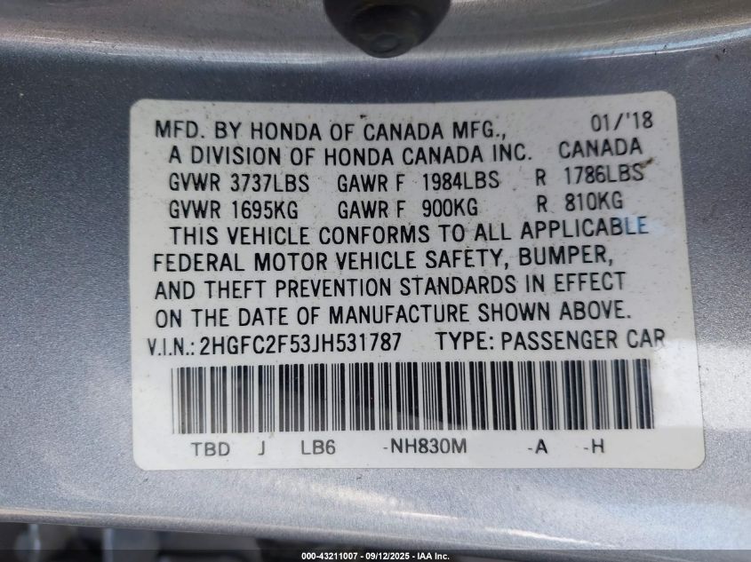 2018 Honda Civic Lx VIN: 2HGFC2F53JH531787 Lot: 43211007