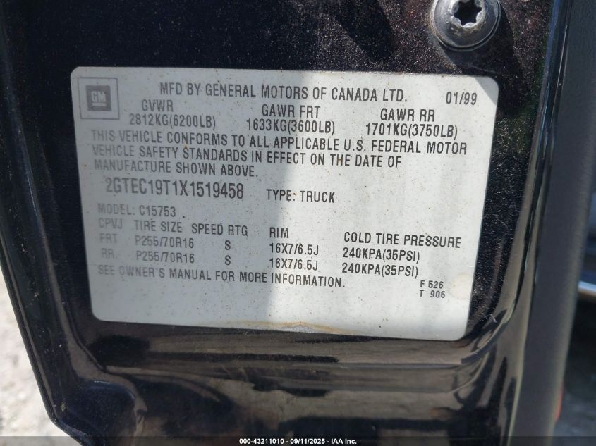1999 GMC Sierra 1500 Sle VIN: 2GTEC19T1X1519458 Lot: 43211010