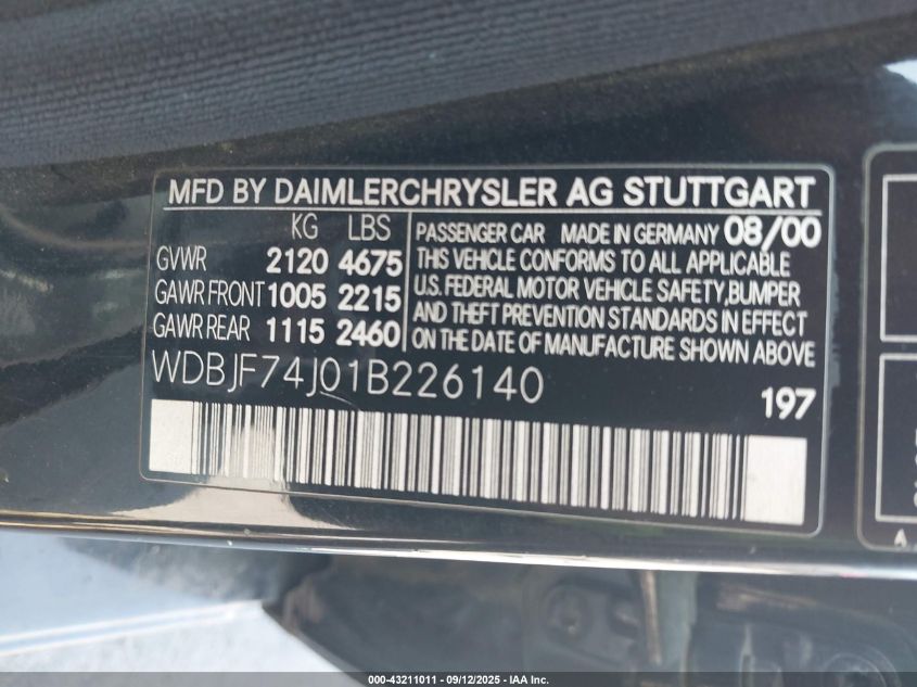 2001 Mercedes-Benz E 55 Amg VIN: WDBJF74J01B226140 Lot: 43211011