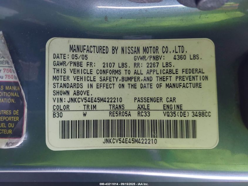 2005 Infiniti G35 VIN: JNKCV54E45M422210 Lot: 43211014