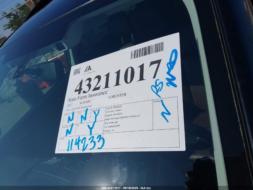 2017 Subaru Forester 2.5I Touring VIN: JF2SJAWCXHH565187 Lot: 43211017