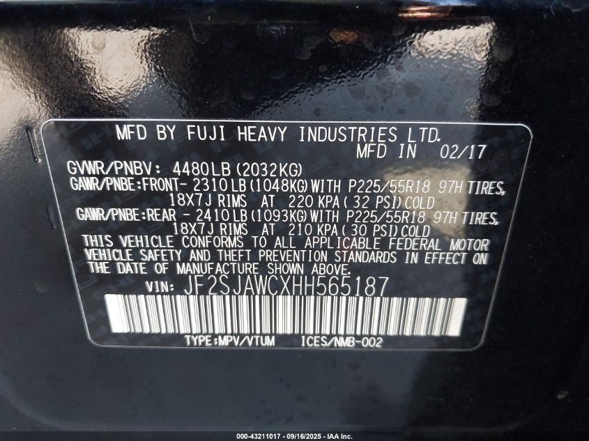 2017 Subaru Forester 2.5I Touring VIN: JF2SJAWCXHH565187 Lot: 43211017