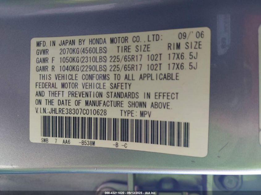 2007 Honda Cr-V Lx VIN: JHLRE38307C010628 Lot: 43211020