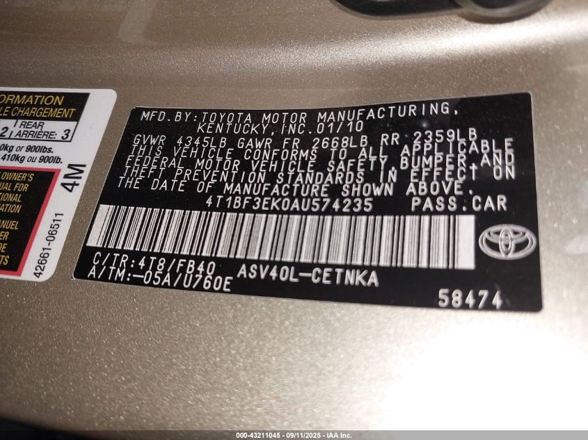 2010 Toyota Camry VIN: 4T1BF3EK0AU574235 Lot: 43211045