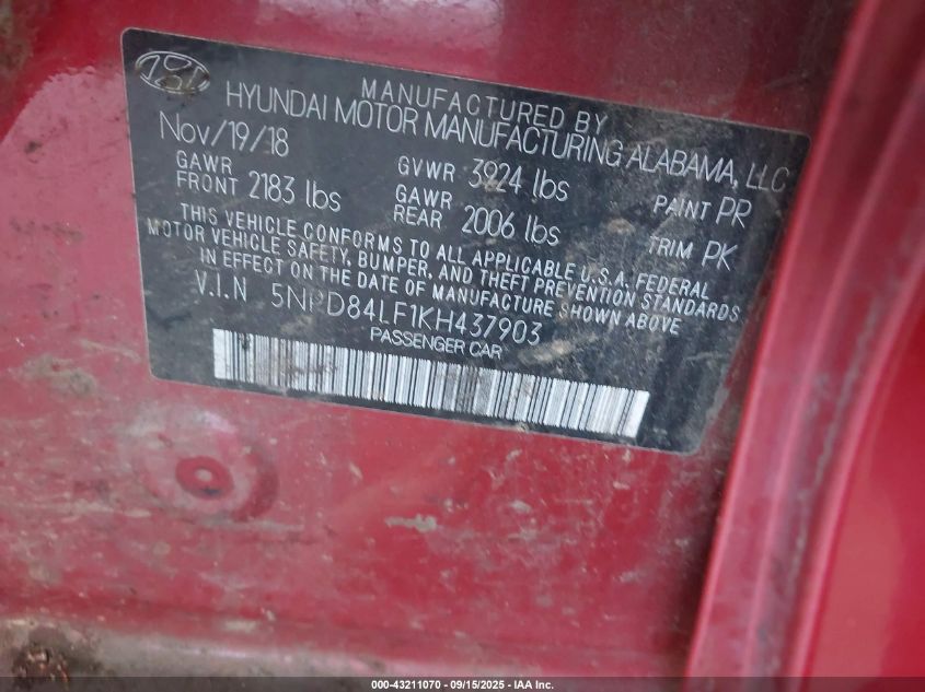 2019 Hyundai Elantra Sel VIN: 5NPD84LF1KH437903 Lot: 43211070