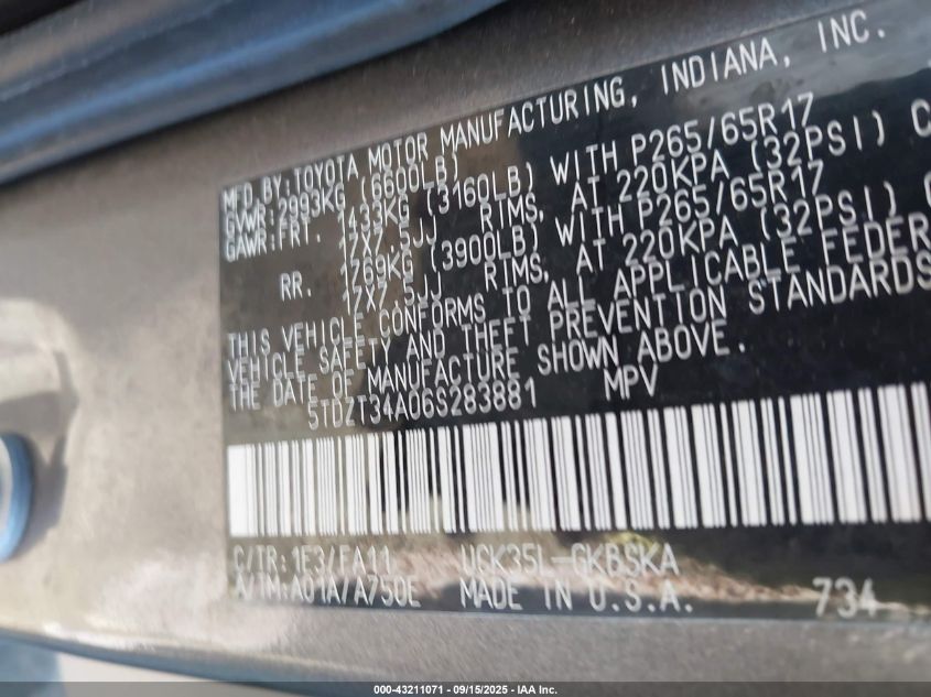 2006 Toyota Sequoia Sr5 V8 VIN: 5TDZT34A06S283881 Lot: 43211071