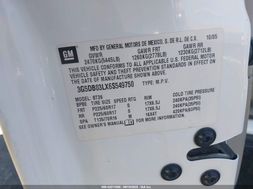 2006 Buick Rendezvous Cx VIN: 3G5DB03LX6S549750 Lot: 43211085