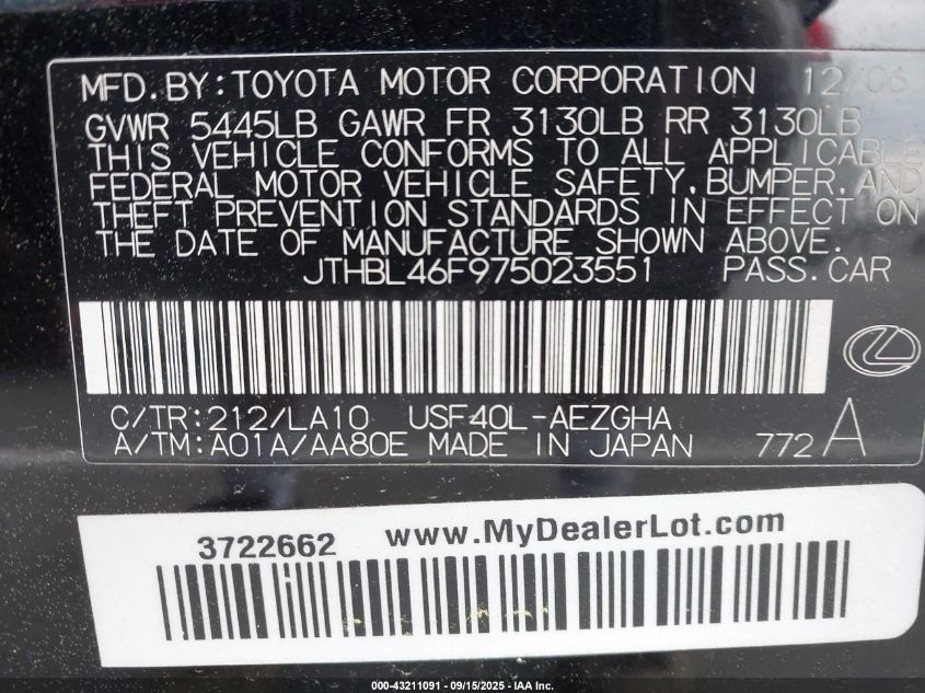 2007 Lexus Ls 460 VIN: JTHBL46F975023551 Lot: 43211091