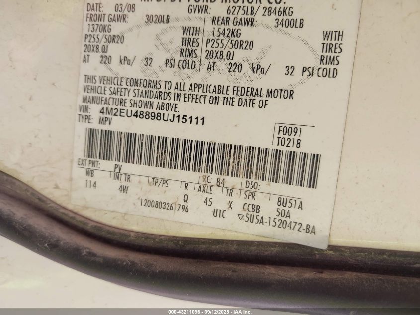 2008 Mercury Mountaineer Premier VIN: 4M2EU48898UJ15111 Lot: 43211096