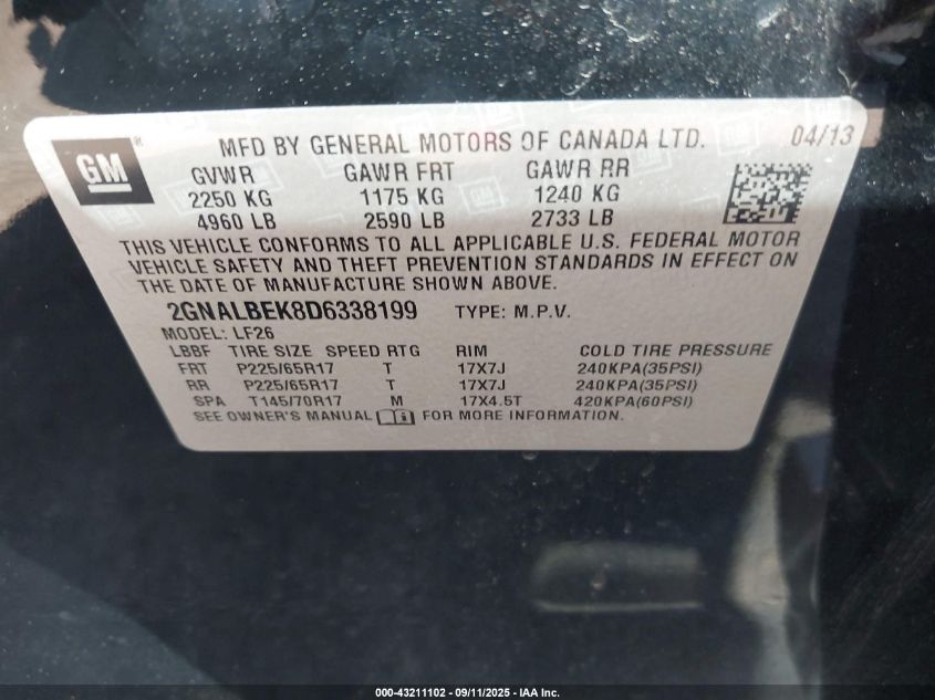 2013 Chevrolet Equinox Ls VIN: 2GNALBEK8D6338199 Lot: 43211102