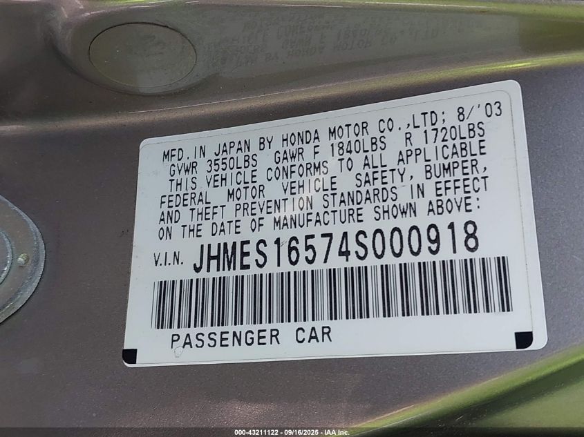 2004 Honda Civic Lx VIN: JHMES16574S000918 Lot: 43211122