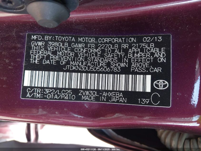 2013 Toyota Prius Three Se VIN: JTDKN3DU5D5606783 Lot: 43211126