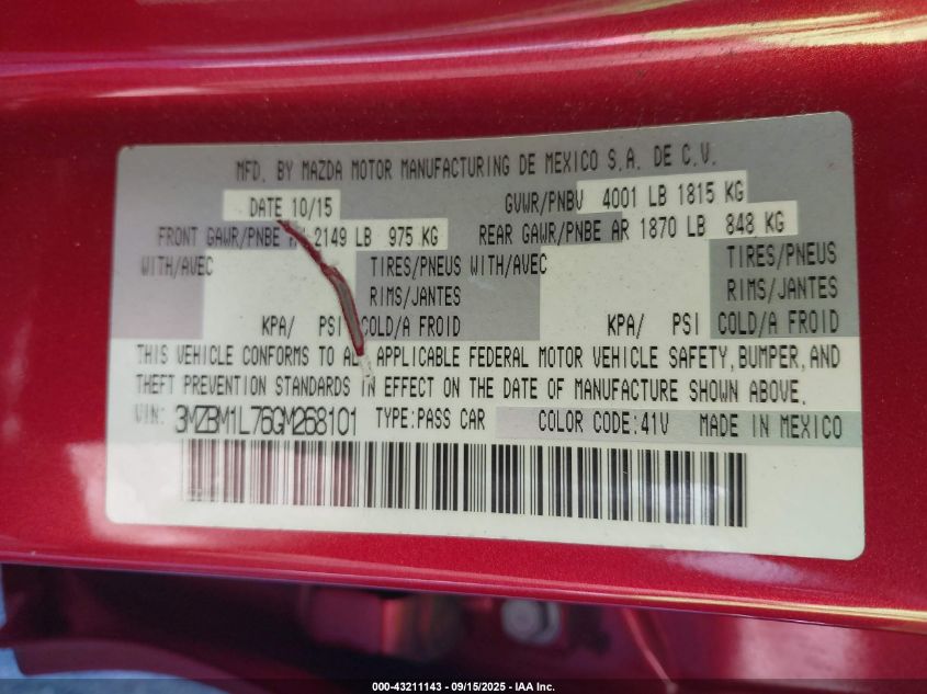 2016 Mazda Mazda3 I Touring VIN: 3MZBM1L76GM268101 Lot: 43211143