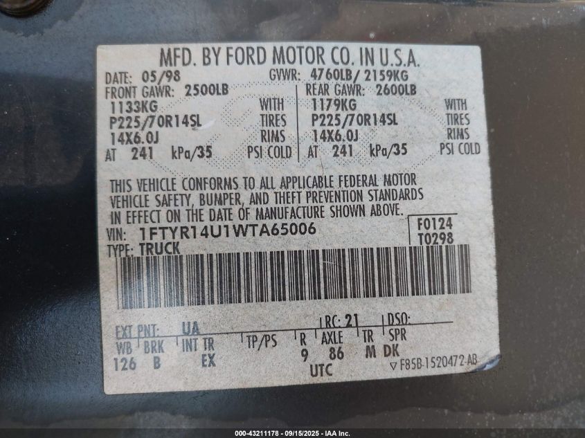 1998 Ford Ranger Super Cab VIN: 1FTYR14U1WTA65006 Lot: 43211178