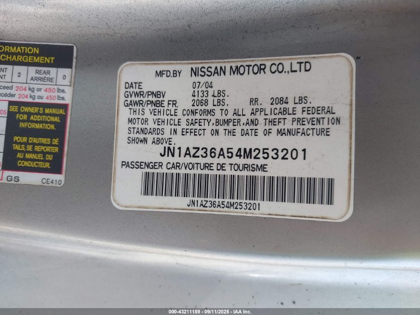 2004 Nissan 350Z Touring VIN: JN1AZ36A54M253201 Lot: 43211189