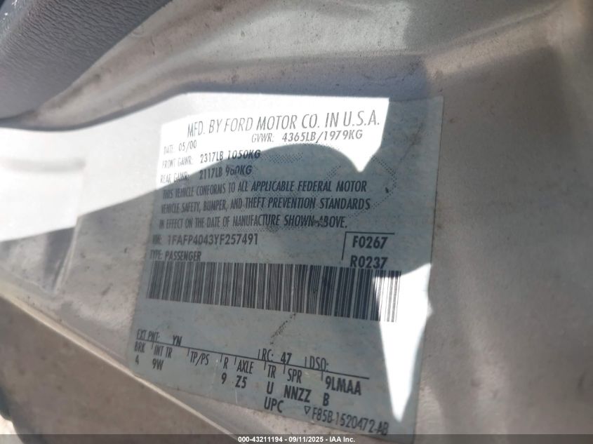 2000 Ford Mustang VIN: 1FAFP4043YF257491 Lot: 43211194