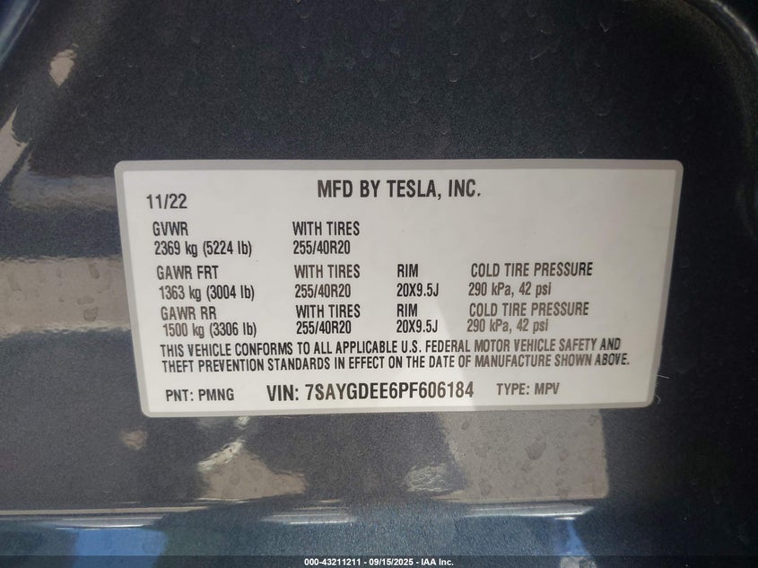 2023 Tesla Model y Awd long Range Dual Motor All-wheel Drive Grey Lot 111043211211 Vin 7SAYGDEE6PF606184