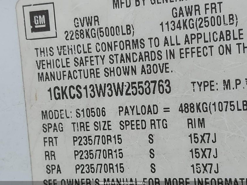 1998 GMC Jimmy Sle VIN: 1GKCS13W3W2558763 Lot: 43211213