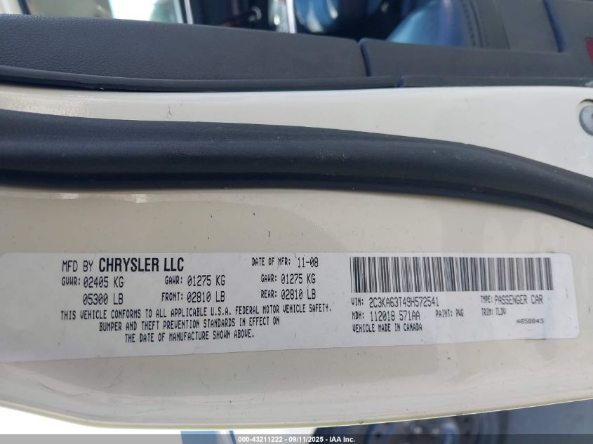 2009 Chrysler 300C Hemi VIN: 2C3KA63T49H572541 Lot: 43211222