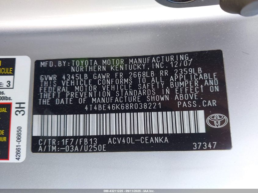 2008 Toyota Camry Le VIN: 4T4BE46K68R038221 Lot: 43211225