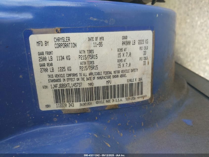 1996 Jeep Cherokee Sport/Classic VIN: 1J4FJ68SXTL145737 Lot: 43211242