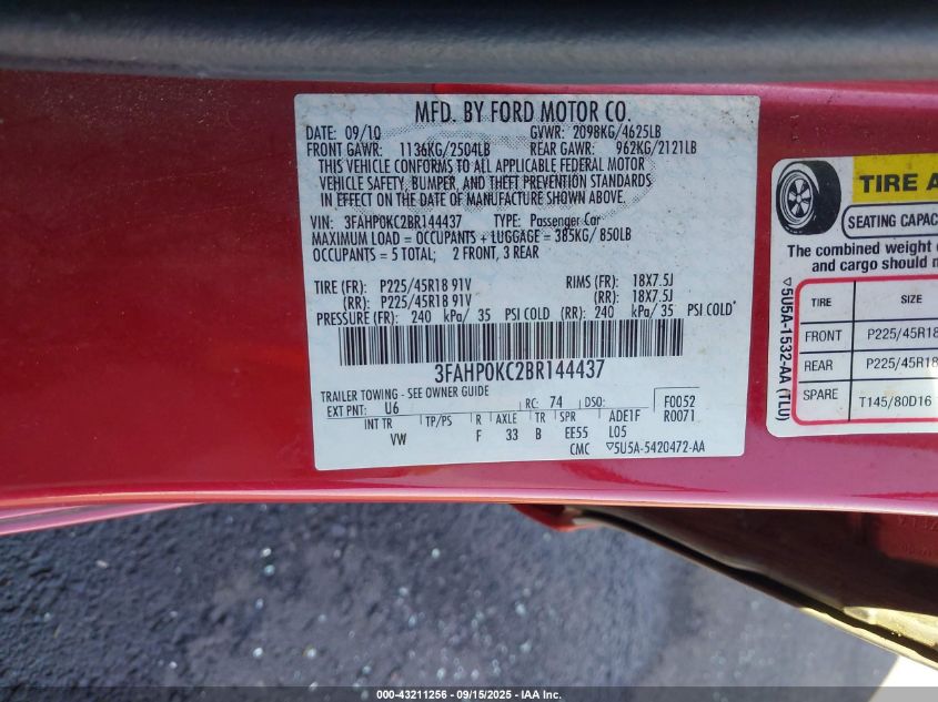 2011 Ford Fusion Sport VIN: 3FAHP0KC2BR144437 Lot: 43211256