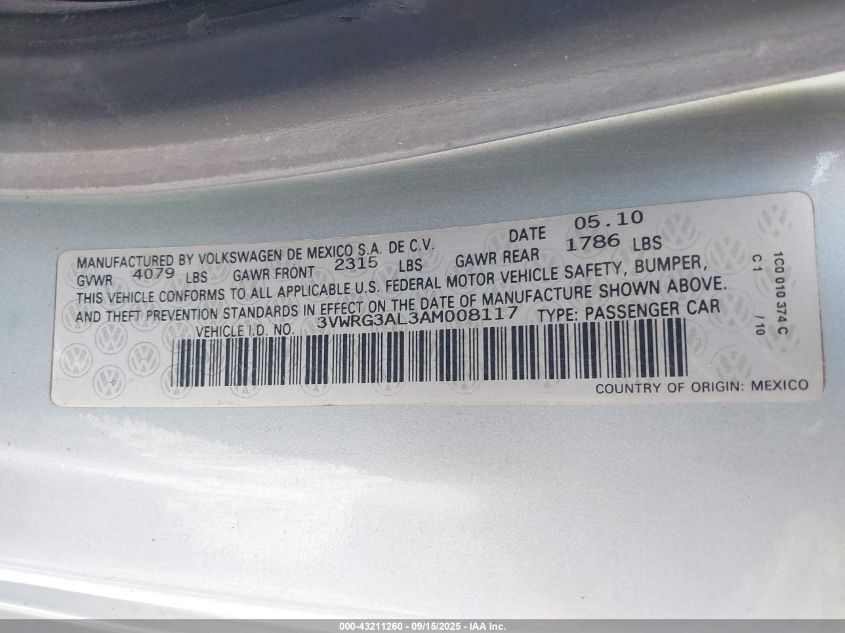 2010 Volkswagen New Beetle 2.5L VIN: 3VWRG3AL3AM008117 Lot: 43211260