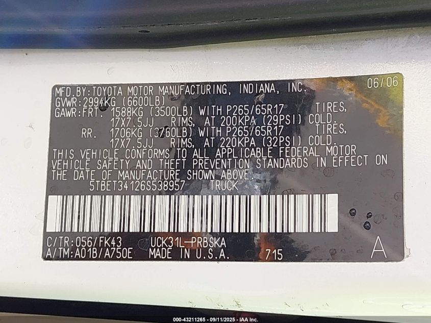 2006 Toyota Tundra Sr5 V8 VIN: 5TBET34126S538957 Lot: 43211265