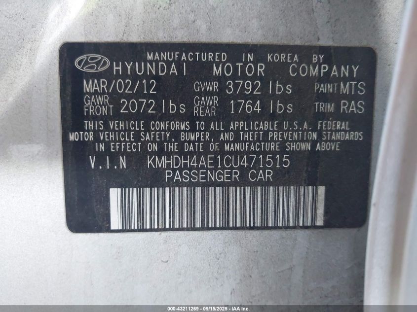 2012 Hyundai Elantra Gls (Ulsan Plant) VIN: KMHDH4AE1CU471515 Lot: 43211269