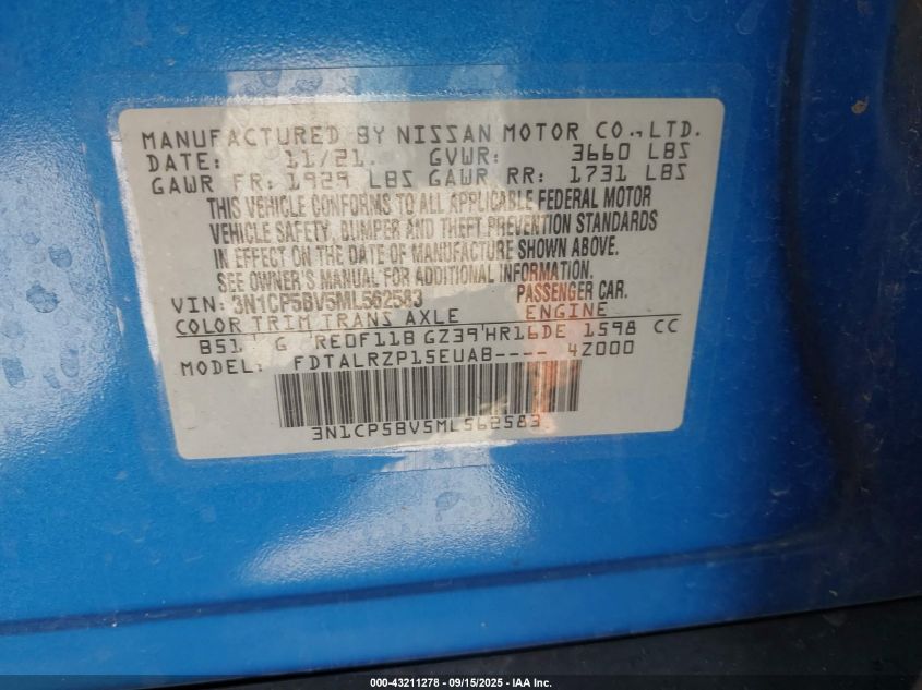 2021 Nissan Kicks S Xtronic Cvt VIN: 3N1CP5BV5ML562583 Lot: 43211278