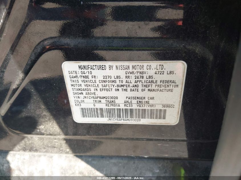 2010 Infiniti G37 Journey VIN: JN1CV6AP8AM203020 Lot: 43211299