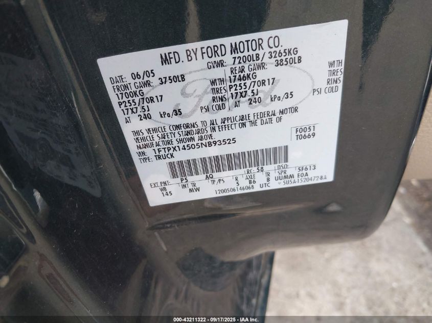 2005 Ford F-150 Fx4/Lariat/Xl/Xlt VIN: 1FTPX14505NB93525 Lot: 43211322