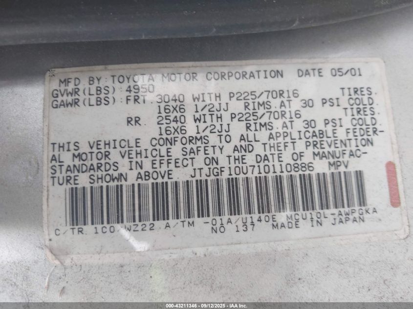 2001 Lexus Rx 300 VIN: JTJGF10U710110886 Lot: 43211346