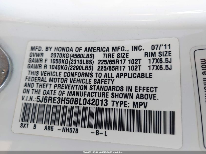 2011 Honda Cr-V Ex VIN: 5J6RE3H50BL042013 Lot: 43211364