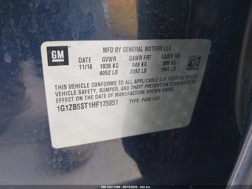 2017 Chevrolet Malibu Ls VIN: 1G1ZB5ST1HF175851 Lot: 43211369
