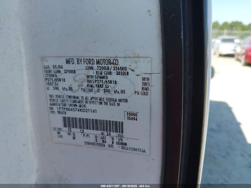 2004 Ford F-150 Fx4/Xlt VIN: 1FTPX04574KD21141 Lot: 43211397