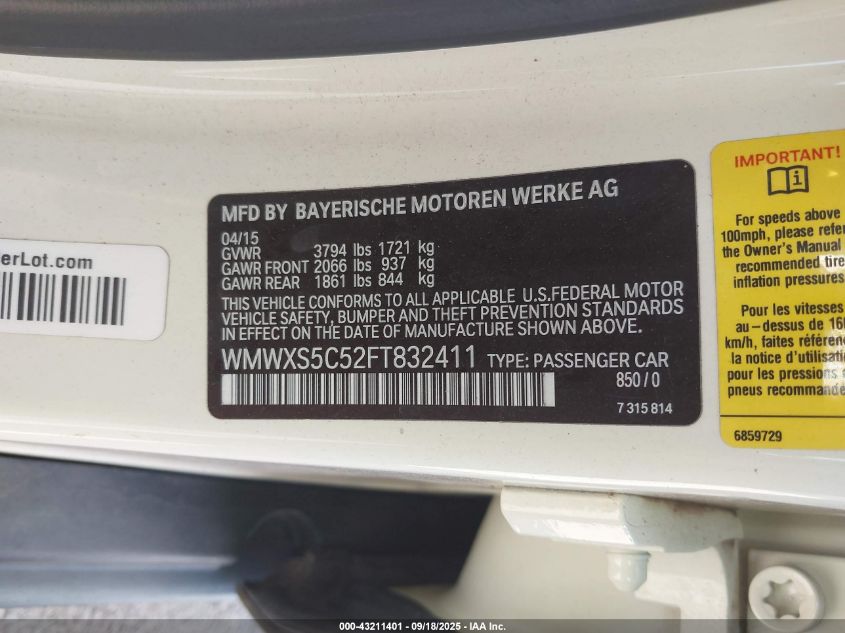 2015 Mini Hardtop Cooper VIN: WMWXS5C52FT832411 Lot: 43211401