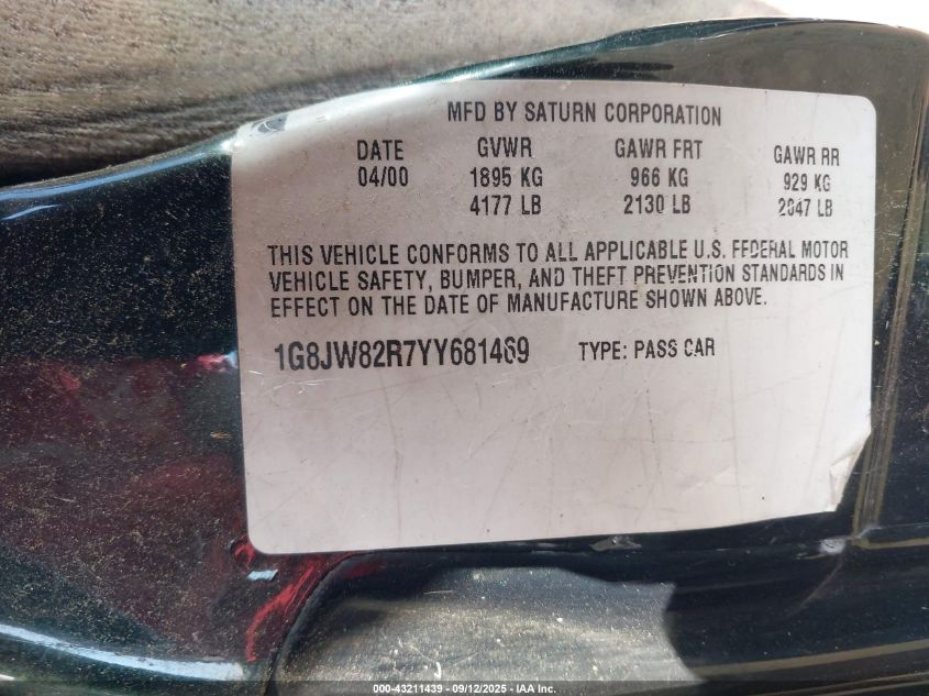 2000 Saturn Lw2 VIN: 1G8JW82R7YY681469 Lot: 43211439