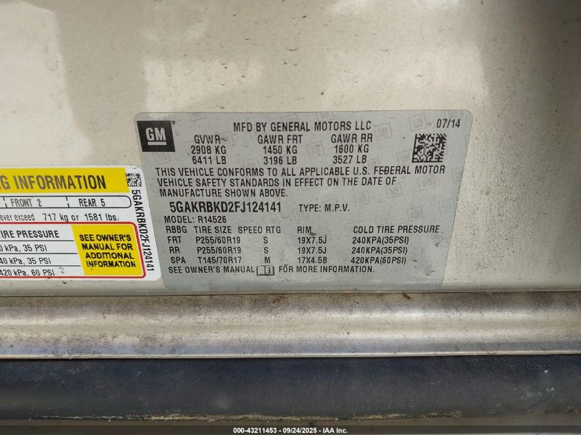 2015 Buick Enclave Leather VIN: 5GAKRBKD2FJ124141 Lot: 43211453