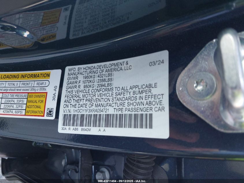 2024 Honda Accord Ex VIN: 1HGCY1F3XRA054721 Lot: 43211454