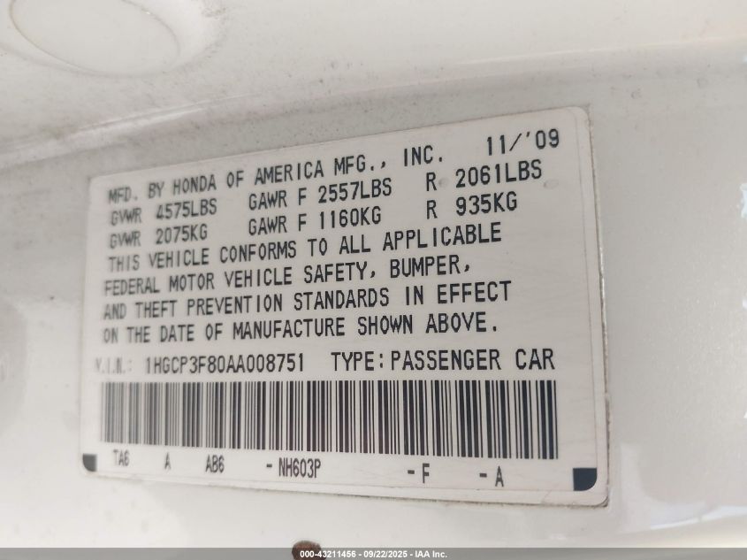 2010 Honda Accord 3.5 Ex-L VIN: 1HGCP3F80AA008751 Lot: 43211456