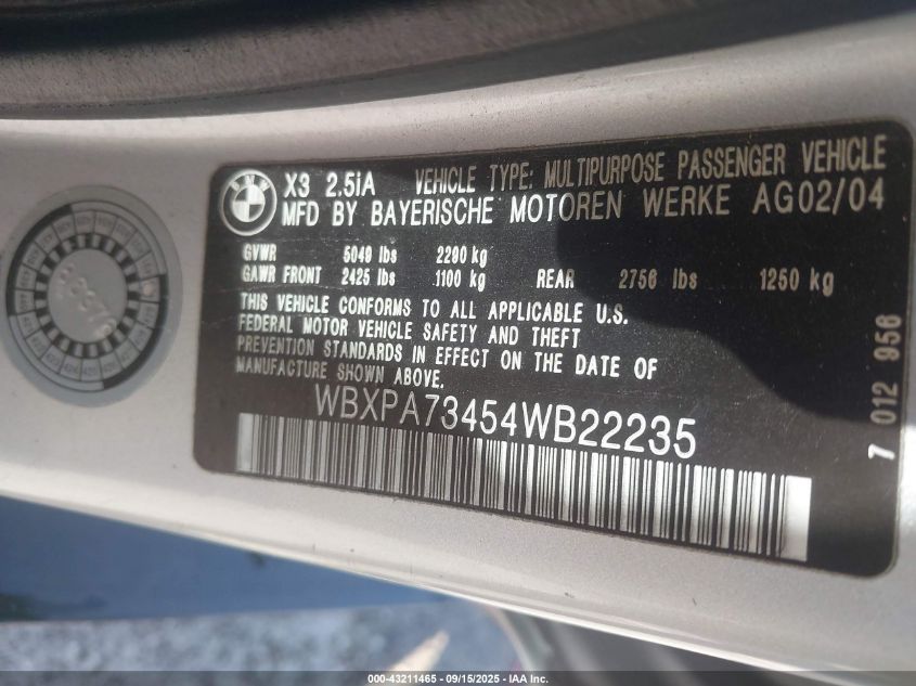 2004 BMW X3 2.5I VIN: WBXPA73454WB22235 Lot: 43211465