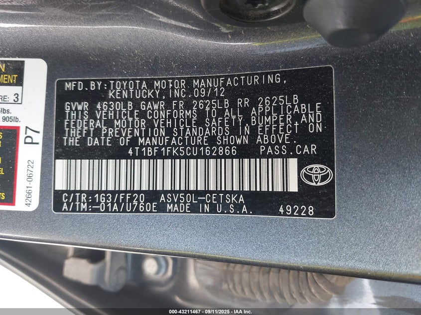 4T1BF1FK5CU162866 2012 TOYOTA CAMRY photo no. 9