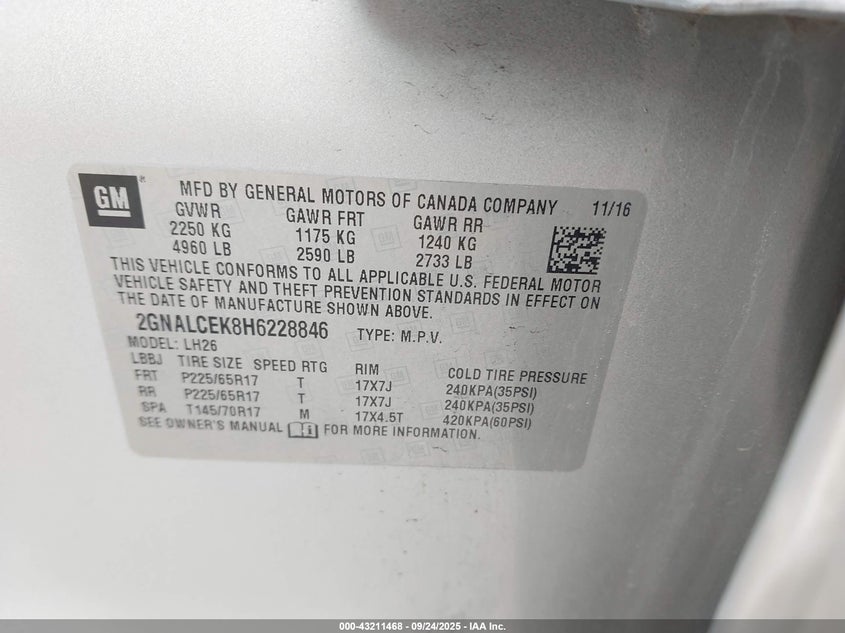 2017 CHEVROLET EQUINOX LT 2GNALCEK8H6228846