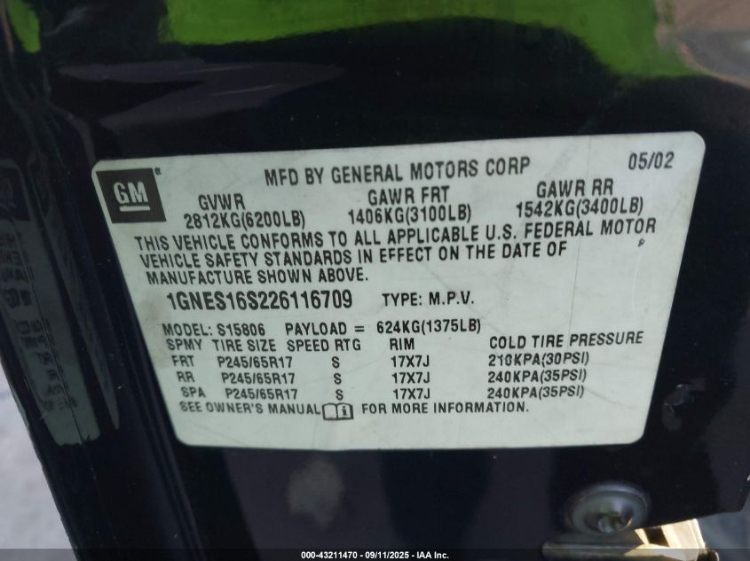 2002 Chevrolet Trailblazer Ext Lt VIN: 1GNES16S226116709 Lot: 43211470