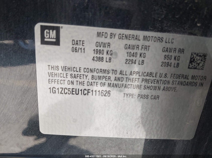 2012 Chevrolet Malibu 1Lt VIN: 1G1ZC5EU1CF111626 Lot: 43211501
