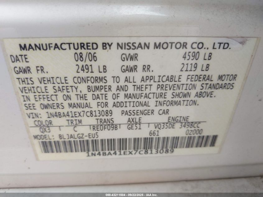 2007 Nissan Maxima 3.5 Sl VIN: 1N4BA41EX7C813089 Lot: 43211504